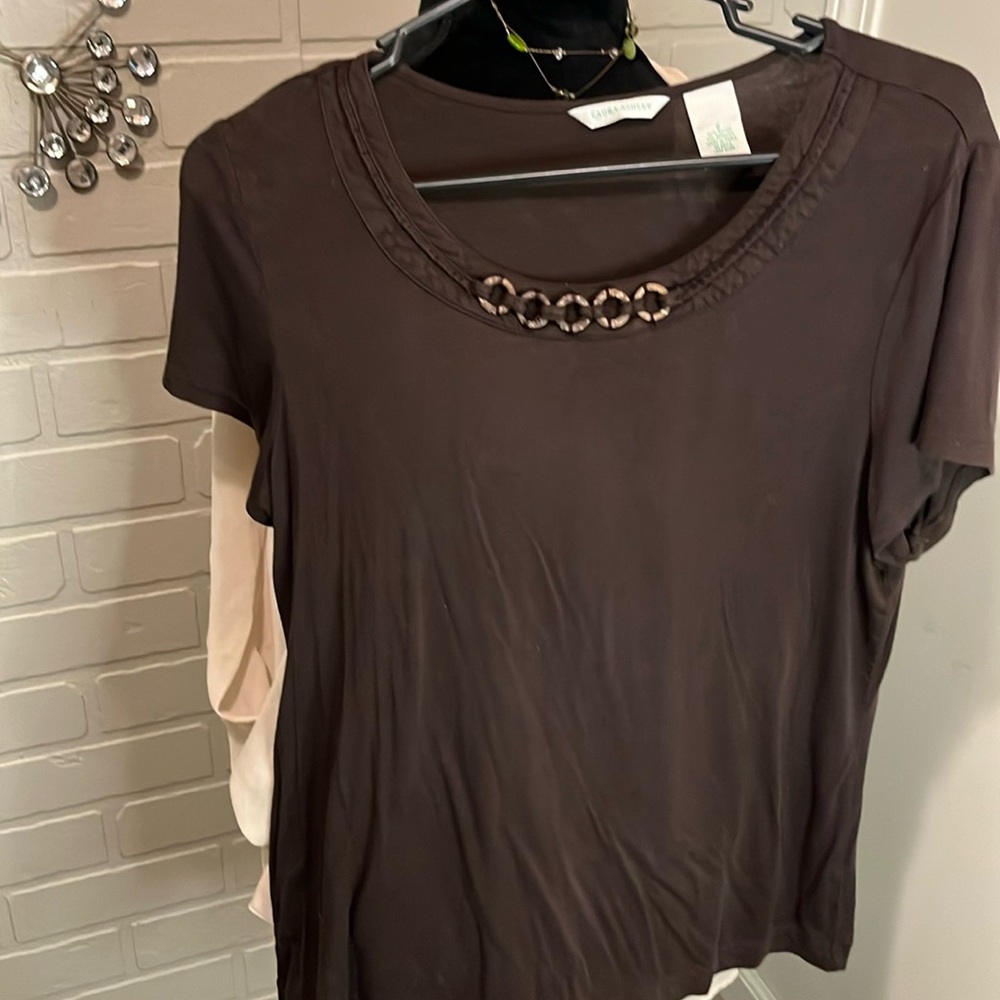 Laura Ashley Brown Short Sleeve Tee with Embellished Neckline